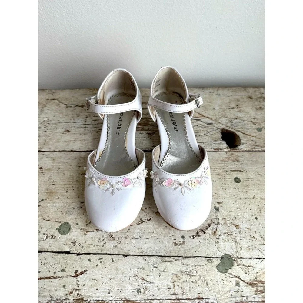 Christie & Jill Girls Size 1M White Isla Floral Heel Dress Shoes